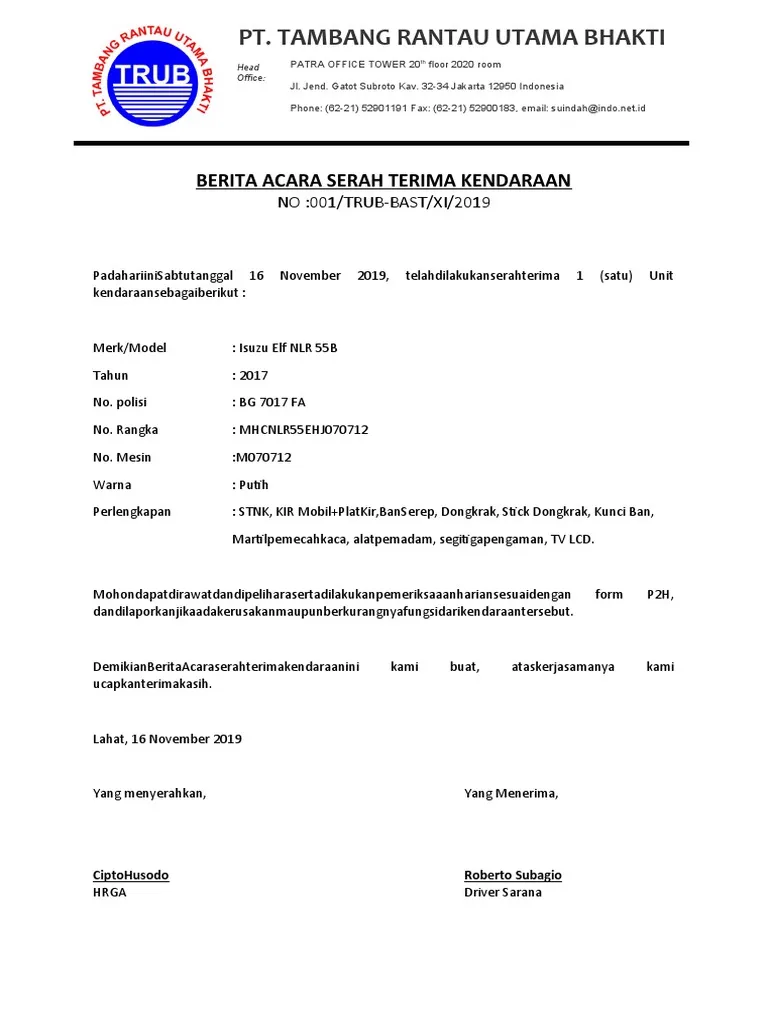 Contoh Berita Acara Serah Terima Kendaraan