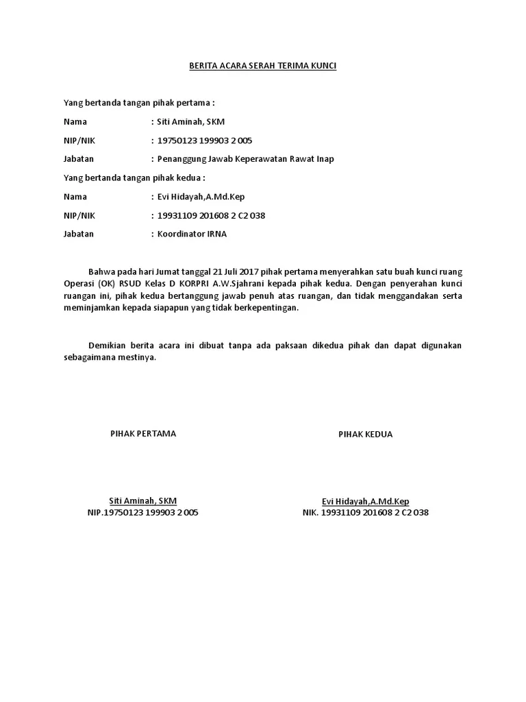 Contoh Berita Acara Serah Terima Kunci