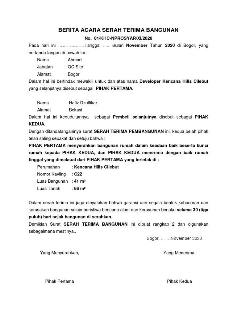 Contoh Berita Acara Serah Terima Rumah