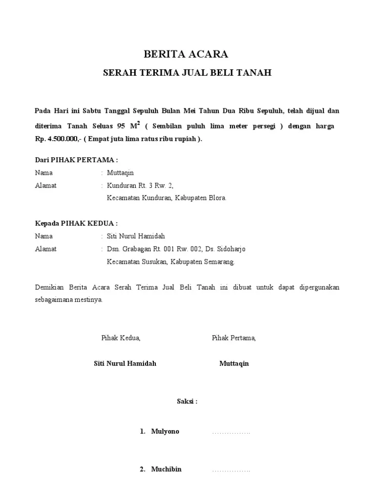 Contoh Berita Acara Serah Terima Tanah