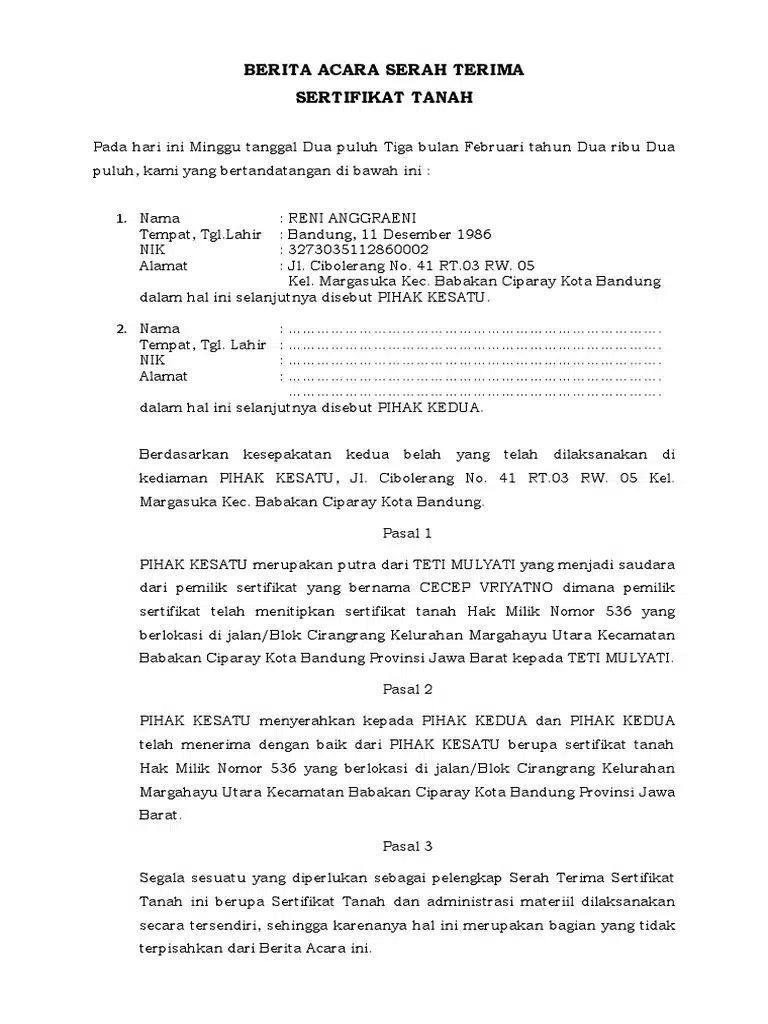 Contoh Surat Berita Acara Serah Terima Sertifikat Tanah