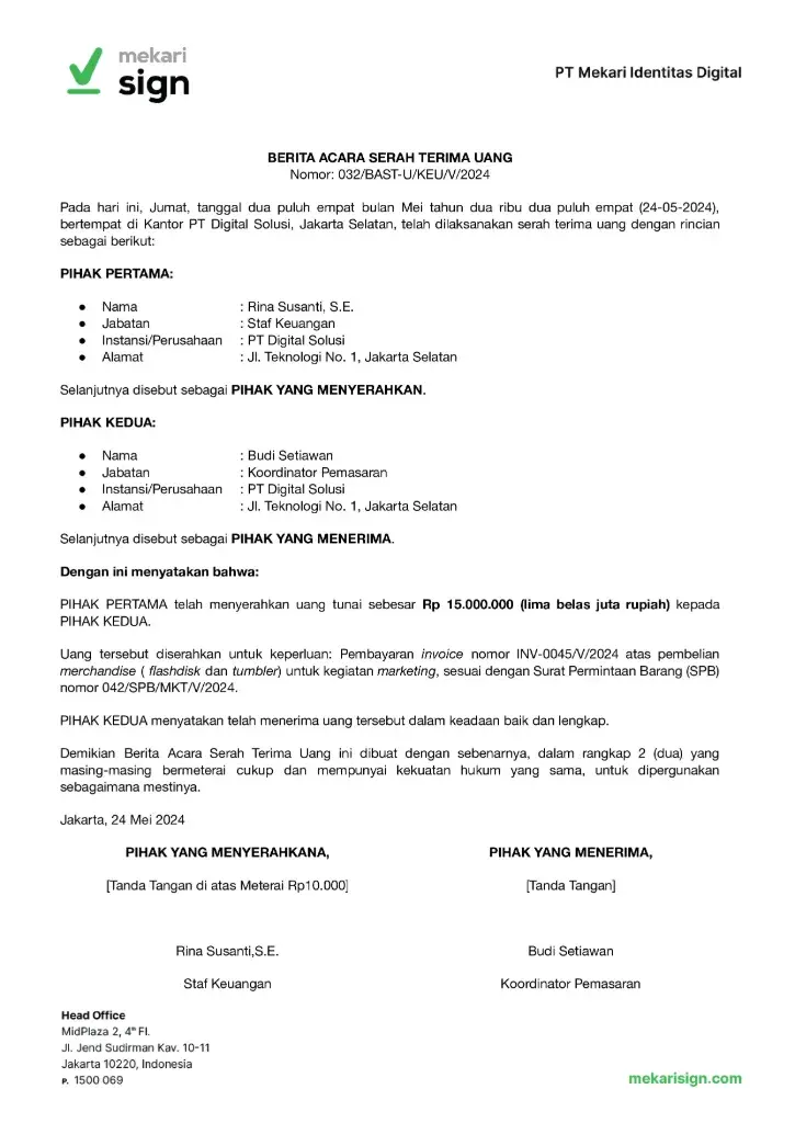 Detail Contoh BAST Uang - Mekari Sign